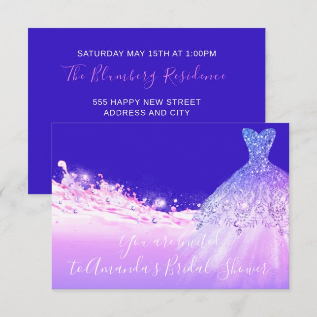 Bridal Shower Pink Purple Glitter Royal Blue Invitation (Front/Back)
