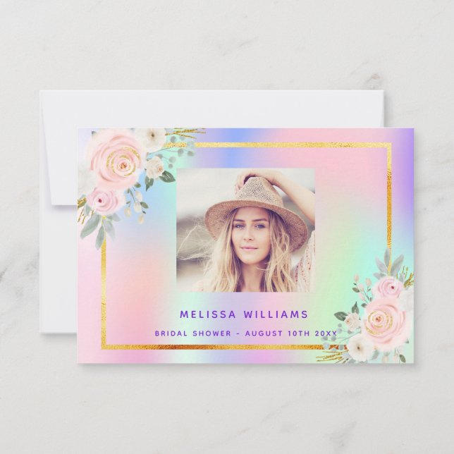 Bridal Shower pink purple photo floral holographic Thank You Card (Back)