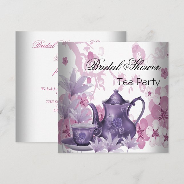 Bridal Shower Pink Purple Tea Party Invitation (Front/Back)