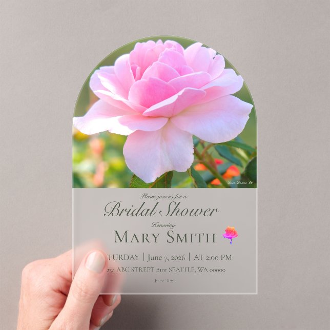 Bridal Shower (Pink Rose) Acrylic Invitations (Insitu (Handheld))