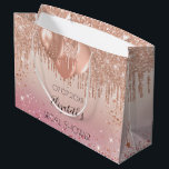 Bridal shower pink rose balloons large gift bag<br><div class="desc">A gift bag for a girly and glamourous bridal shower.  A blush pink,  rose gold gradient background with drips,  paint dripping look and balloons. The text: The name is written with a modern hand lettered style script. Personalise and add a date and name.</div>