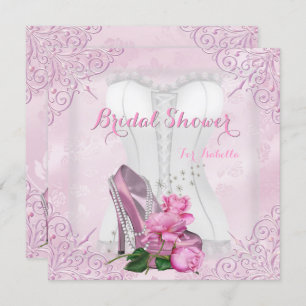Bridal Shower Pink Rose Hi Heel Lace Damask Invitation