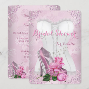 Bridal Shower Pink Rose High Heel Floral Damask Invitation