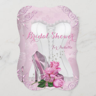 Bridal Shower Pink Rose High Heel Floral Damask Invitation