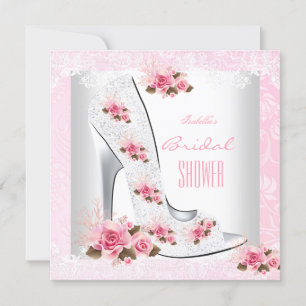 Bridal Shower Pink Rose White Lace Hi Heel Invitation