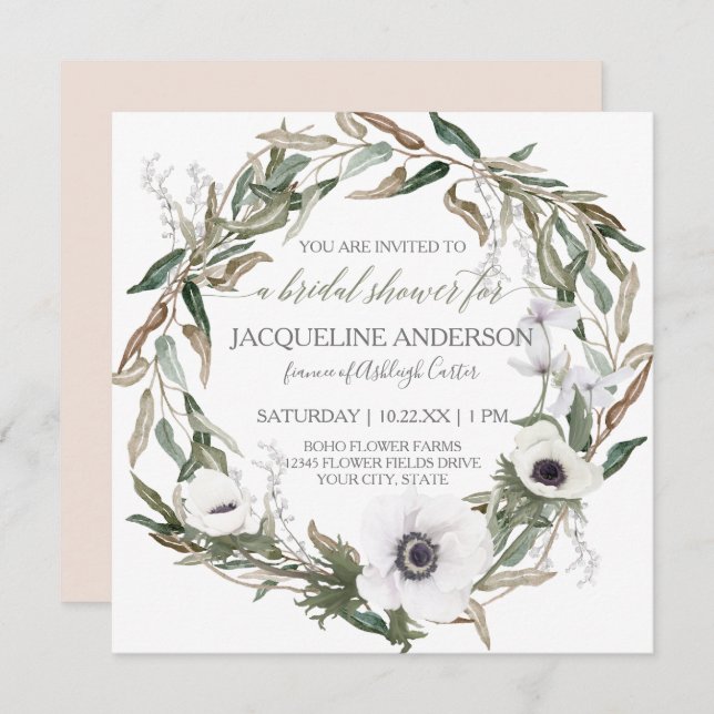 Bridal Shower Pink Rustic Winery Olive Leaf Wreath Invitation (Front/Back)