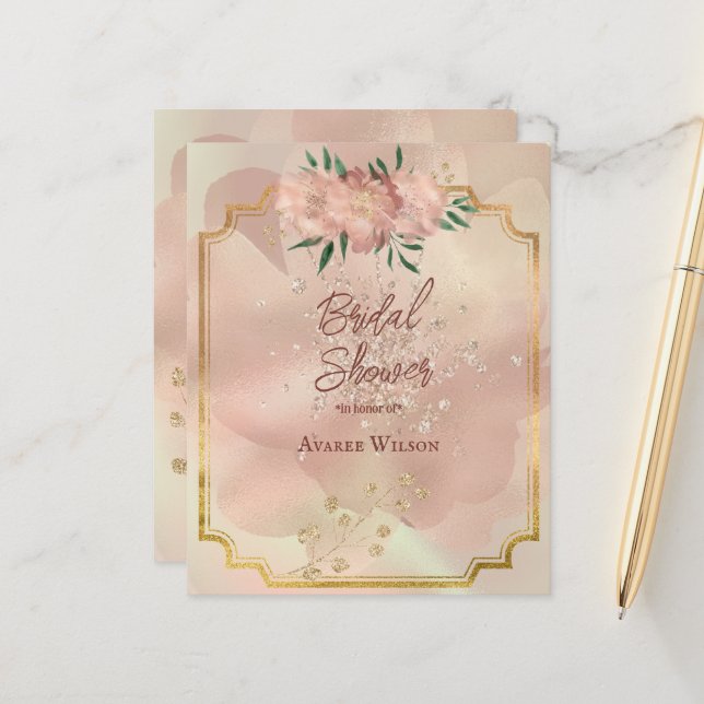 Bridal Shower Pink Satin Roses Gold Frame (Front/Back In Situ)