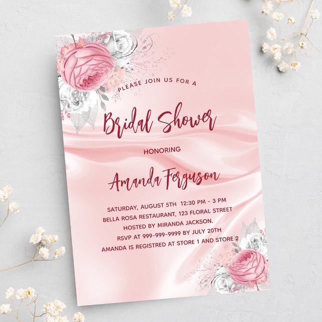 Bridal shower pink silk florals white roses invitation (Creator Uploaded)