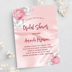 Bridal shower pink silk florals white roses invitation postcard