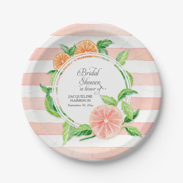 Bridal Shower Pink Striped Citrus Orange Art Paper Plate (Front)