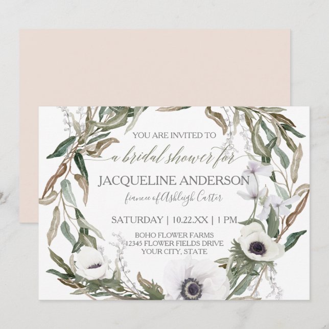 Bridal Shower Pink Watercolor Anemone Olive Wreath Invitation (Front/Back)