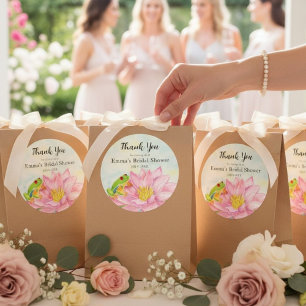 Bridal Shower Pink Waterlily & Tree Frog Classic Round Sticker