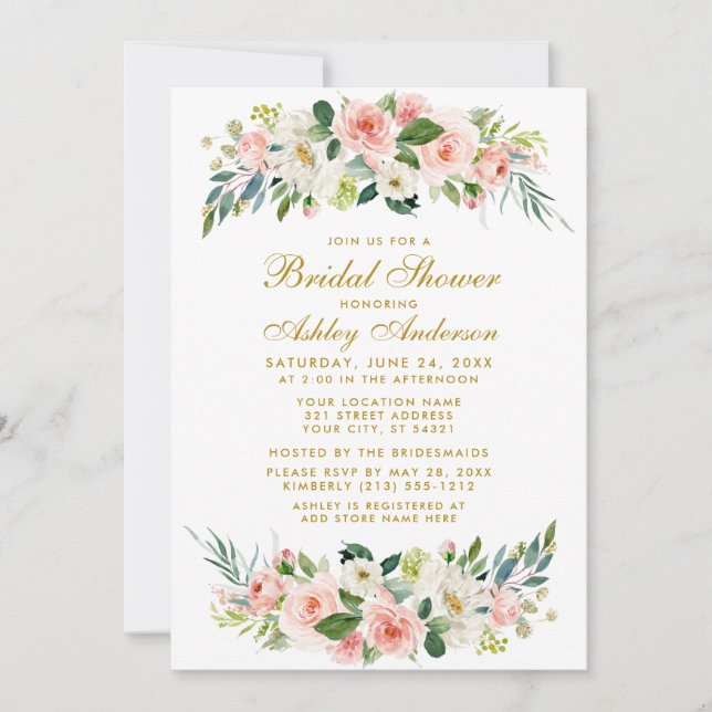 Bridal Shower Pink White Floral Gold Invitation G (Front)