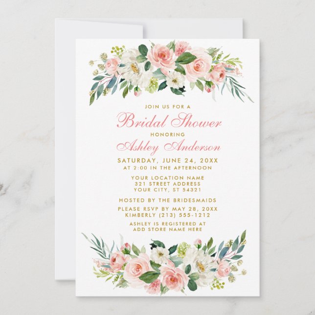 Bridal Shower Pink White Floral Gold Invitation GP (Front)
