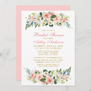 Bridal Shower Pink White Floral Gold Invitation P