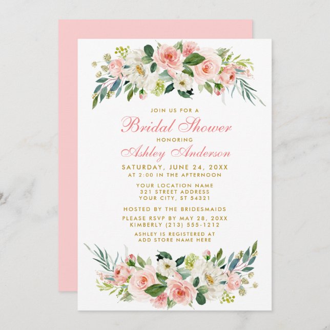 Bridal Shower Pink White Floral Gold Invitation P (Front/Back)