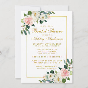Bridal Shower Pink White Gold Floral Invitation