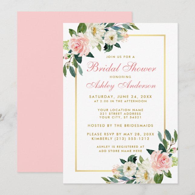 Bridal Shower Pink White Gold Floral Invitation GP (Front/Back)