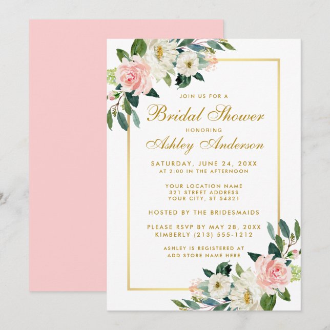 Bridal Shower Pink White Gold Floral Invitation P (Front/Back)
