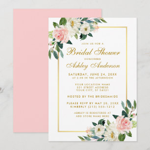 Bridal Shower Pink White Gold Floral Invitation P