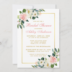 Bridal Shower Pink White Gold Floral Invitation P