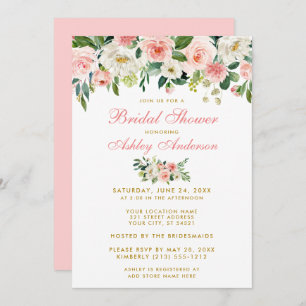 Bridal Shower Pink White Gold Floral Invite GP