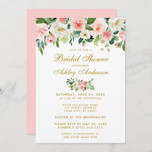Bridal Shower Pink White Gold Floral Invite P