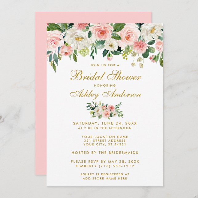 Bridal Shower Pink White Gold Floral Invite P (Front/Back)