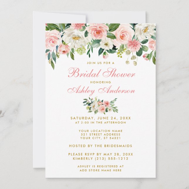 Bridal Shower Pink White Gold Floral Invite Pk (Front)