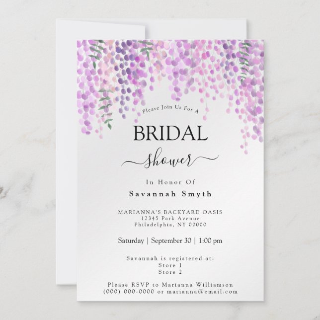 Bridal Shower Pink Wisteria Floral Watercolor Invitation (Front)