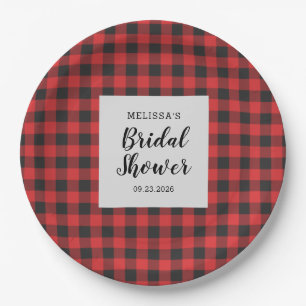 Bridal Shower Plaid Black Red Buffalo Lumberjack Paper Plate