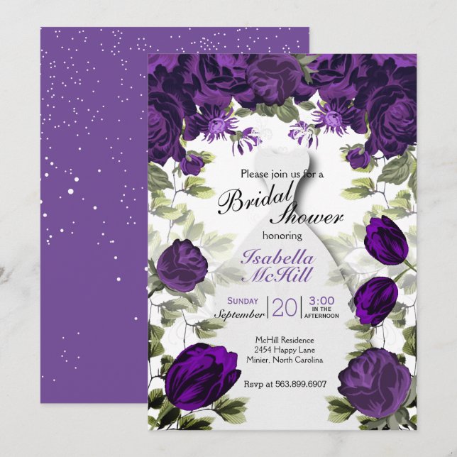 Bridal Shower - Plum Purple Botanical Flowers Invitation (Front/Back)