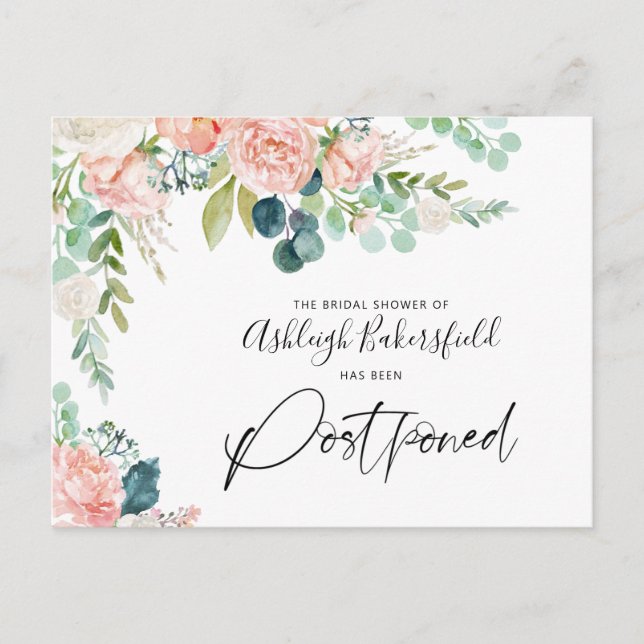 Bridal Shower Postponed Date Blush Pink Floral Announcement Postcard (Front)
