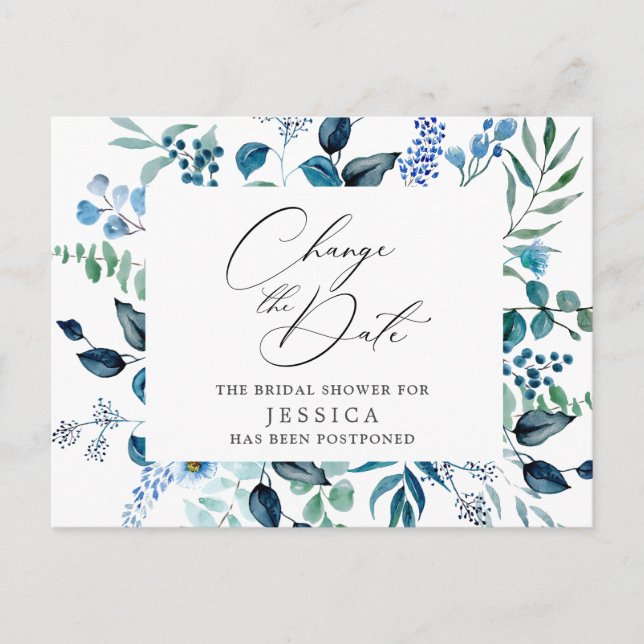 Bridal Shower Postponed Date Elegant Blue Roses Postcard (Front)