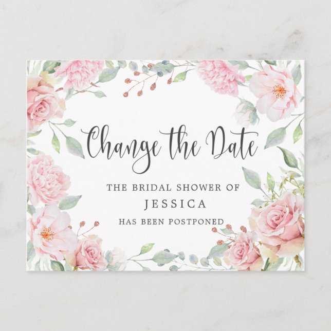 Bridal Shower Postponed Date Elegant Blush Roses Postcard (Front)