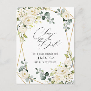 Bridal Shower Postponed Date Elegant White Roses Postcard