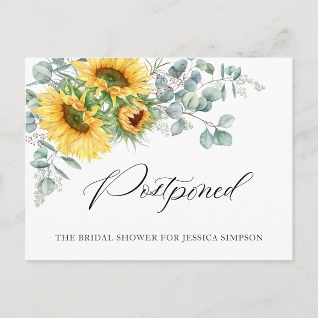 Bridal Shower Postponed Date Sunflowers Eucalyptus Postcard (Front)