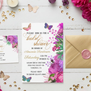 Bridal Shower Pretty Chic Floral Pink Butterfly Invitation