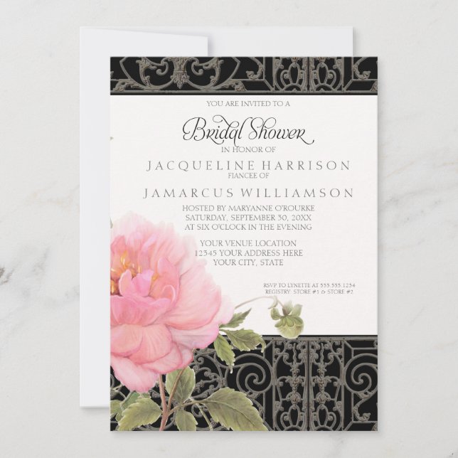 Bridal Shower Pretty Flower Peony Iron Fence Art Invitation (Front)