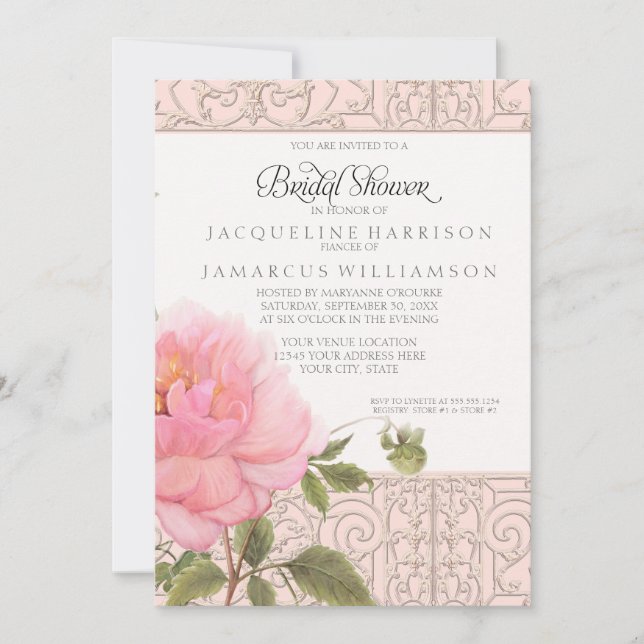 Bridal Shower Pretty Flower Peony Iron Fence Art Invitation (Front)