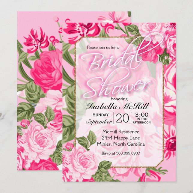 Bridal Shower - Pretty Pink Floral Roses Invitation (Front/Back)