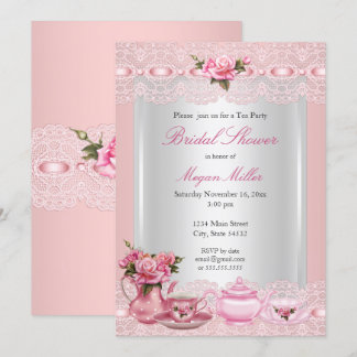Bridal Shower Pretty Pink roses High Tea Party Invitation