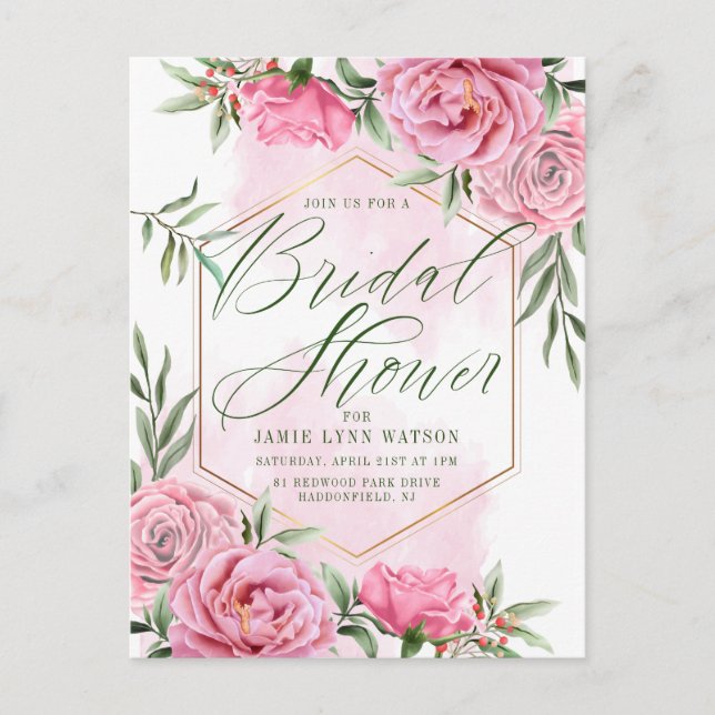 Bridal Shower | Pretty Watercolor Roses Postcard (Front)
