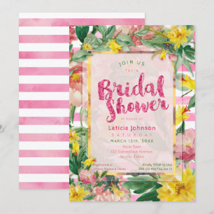 Bridal Shower Pretty Yellow Pink Floral+Stripes Invitation