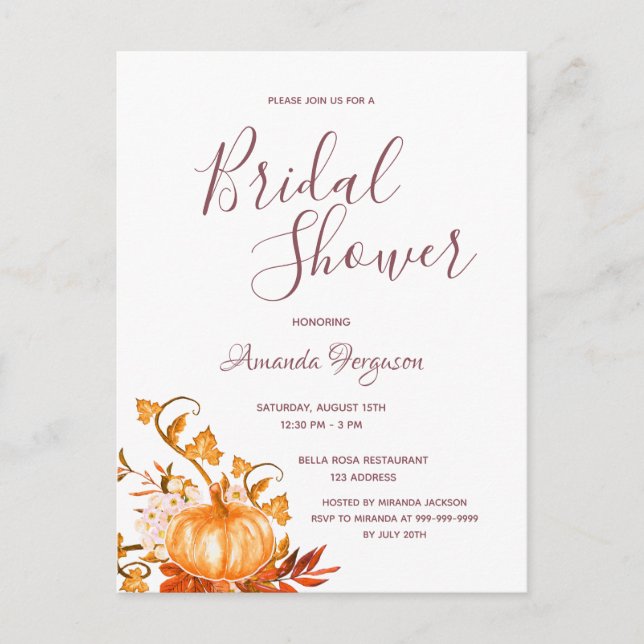 Bridal Shower pumpkin fall golden white invitation Postcard (Front)