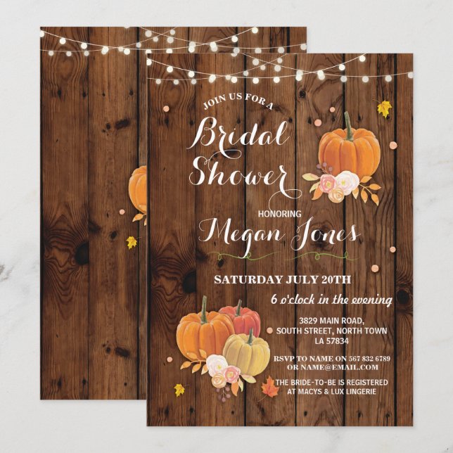 Bridal Shower Pumpkin Rustic Wood Party Invite (Front/Back)