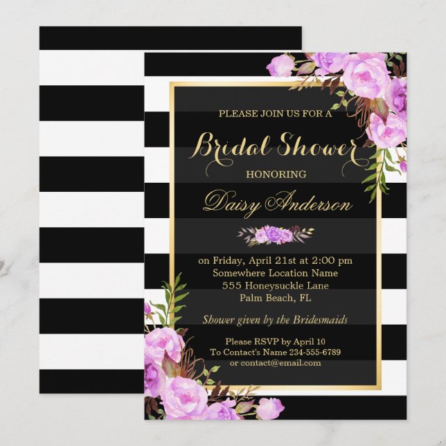 Bridal Shower Purple Floral Gold Frame Stripes Invitation (Front/Back)