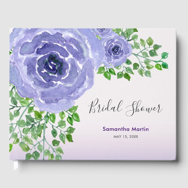 Bridal Shower Purple Flowers & Greenery Watercolor Guest Book (Front)