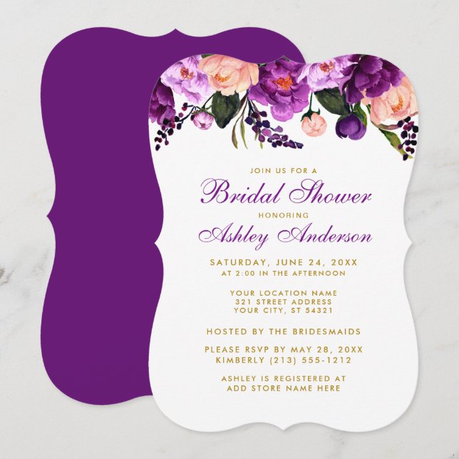 Bridal Shower Purple Gold Floral Invite BP (Front/Back)