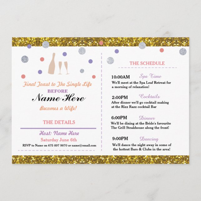 Bridal Shower Purple Gold Itinerary Bachelorette Programme (Front)